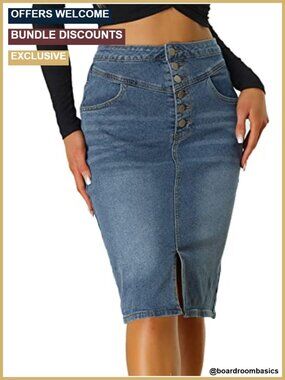 Women's High Waist Button Front Denim Pencil Skirt with Split Hem